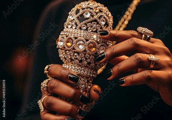 Fototapeta Elegant hands holding a crystal encrusted microphone in low light