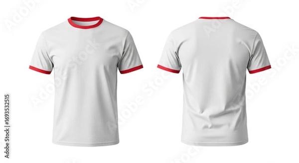 Fototapeta Front and back view of a blank white t-shirt with red trim around the collar and sleeves, isolated on a white background.