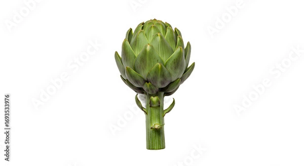 Fototapeta Vibrant Green Globe Artichoke with Stem Against Striped Background