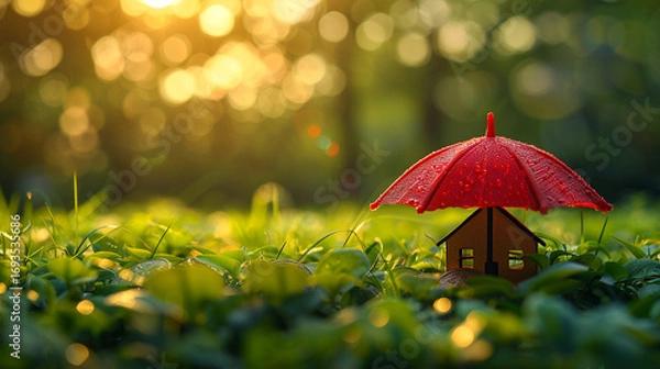 Fototapeta Miniature house under red umbrella in a grassy field, symbolizing protection and security.
