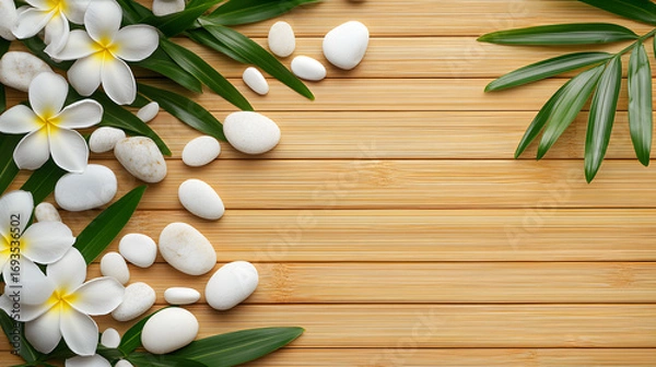 Fototapeta Bamboo wood background with stones and jasmine flowers for spa design background. Spa background illustration.