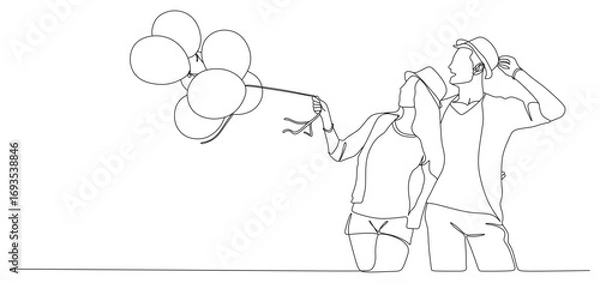 Fototapeta continuous line of the intimacy of a couple happily playing with balloons