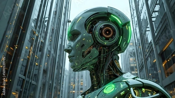 Fototapeta Cybernetic Sentinel: An alluring cyborg in an urban setting with a futuristic look, poised in the heart of a towering city.