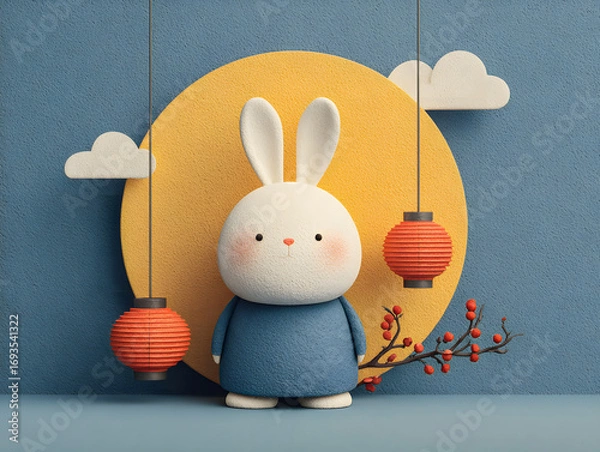 Fototapeta Adorable 3D white bunny character with festive lanterns and moon, celebrating springtime joy and new beginnings