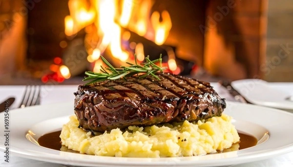Fototapeta Grilled steak with mashed potatoes (5)
