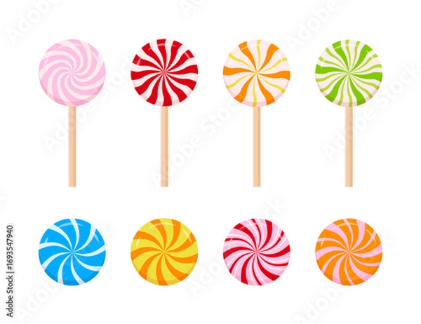 Fototapeta Striped caramel candies vector set. Spiral multicolored lollipops illustration.