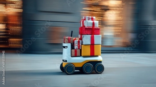 Fototapeta Sleek delivery bot loaded with wrapped Christmas gifts, moving quickly on urban sidewalk, motion blur conveying festive fast-paced logistics