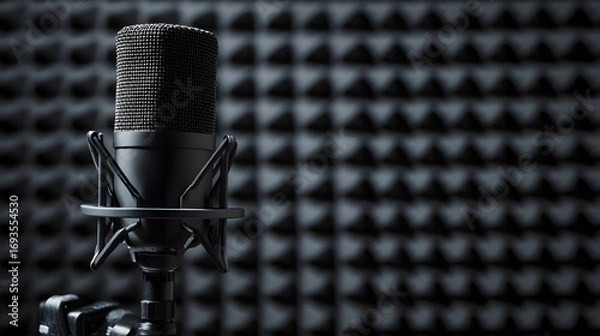 Fototapeta Microphone on a studio background covered with black foam panels. Illustration of a recording studio background.