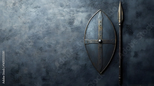 Fototapeta Medieval shield and spear on a black background. Historical background illustration for fantasy-themed designs.