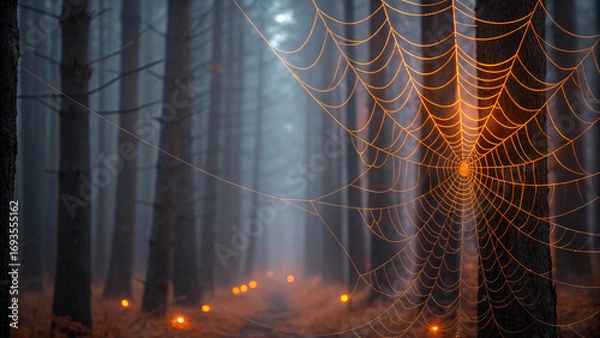 Fototapeta Spooky Forest Scene with Glowing Spiderweb and Orbs of Light woods halloween