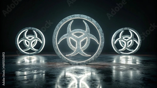 Fototapeta Three Glowing Biohazard Symbols on a Dark Reflective Surface faintly horror Halloween