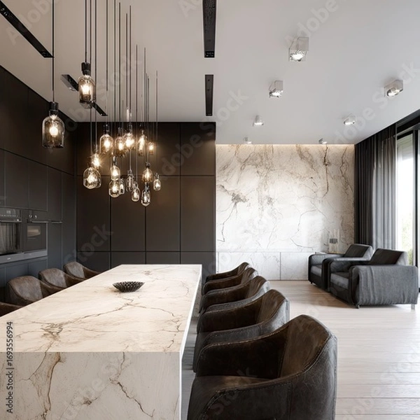 Fototapeta A modern kitchen and dining area, featuring a long marble countertop, dark-toned cabinetry, and pendant lighting, creates a stylish and sophisticated ambiance.