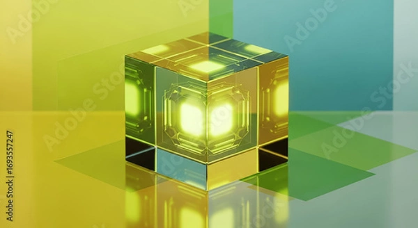 Fototapeta Glowing transparent cube illuminating colorful abstract background