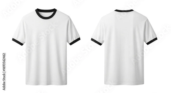 Fototapeta White ringer t-shirt, front and back views, plain design, short sleeves.