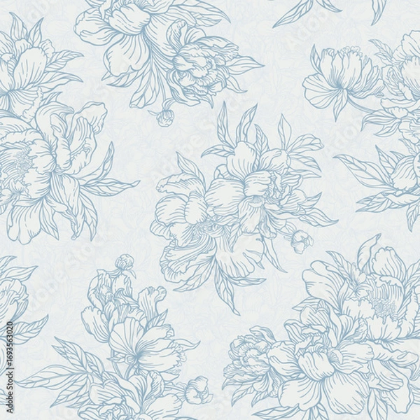Fototapeta Elegant blue peony pattern with delicate line art on a soft background. Blooming flowers and leaves in a seamless repeat.