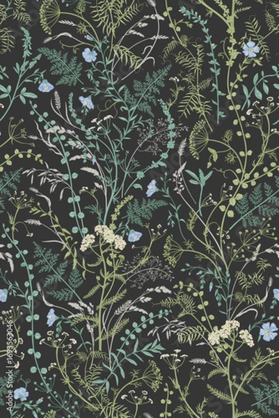 Fototapeta Elegant botanical seamless pattern with intricate wildflowers and greenery on a dark background. Delicate blue blooms and textured foliage create a vintage-inspired, nature-rich design.