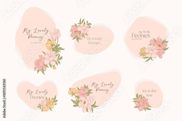 Fototapeta Elegant floral illustrations with soft pink and yellow peonies. Delicate designs with bouquets on oval and round shapes. Pastel colors. Suitable for wedding invitations, greeting cards, branding.