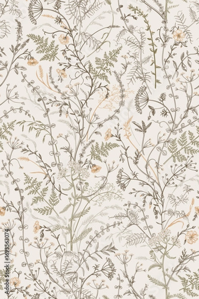 Fototapeta Elegant botanical seamless pattern with delicate wildflowers and herbs in warm earth tones.
