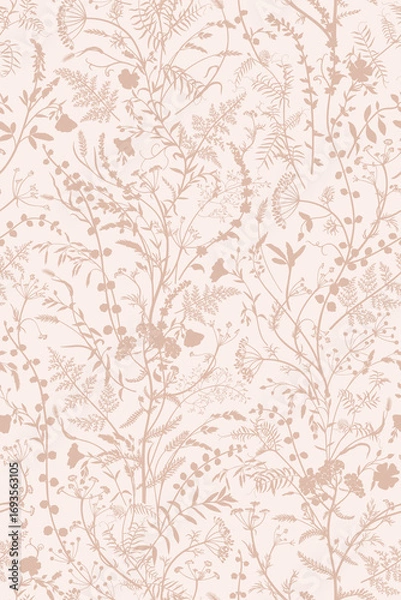 Fototapeta Seamless pattern with vertical twisting herbal vines. Vector botanical illustration. Delicacy dusty pink natural background with silhouettes of flowers and herbs.