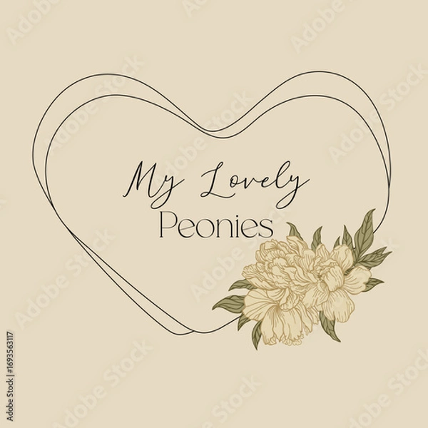 Fototapeta Greeting card in the shape of a heart with peonies. Natural beige colors.
