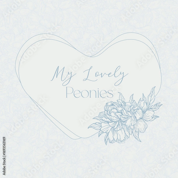 Fototapeta Delicate illustration of blue peony on a delicate floral background with a soft heart outline. Elegant and romantic design.