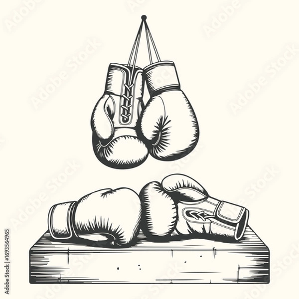 Fototapeta Vector art of vintage boxing gloves hanging and resting on a wooden surface