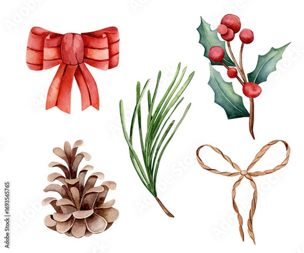 Fototapeta Set of watercolor illustrations. Hand drawn New Year elements for decoration. Red bow, pine cone, holly branch, rope bow, fir branches isolated on white background. Winter design.
