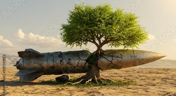 Fototapeta cracked missile turning into a growing tree
