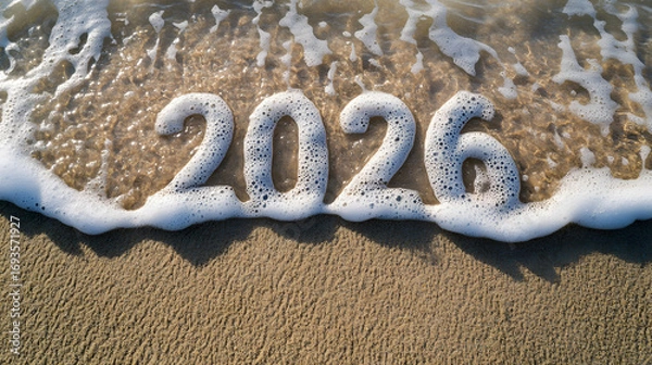 Fototapeta New Year 2026 background on the sand on the beach background. New Year background illustration.