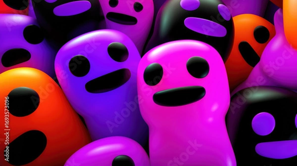 Fototapeta Cute colorful kawaii halloween faces with glossy 3d cartoon expressions playful spooky character wallpaper concept