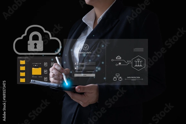 Fototapeta Cloud Data Protection concept showing businesswoman using digital pen on tablet with cloud data protection interface, symbolizing secure login, file encryption, online privacy, and network protection.