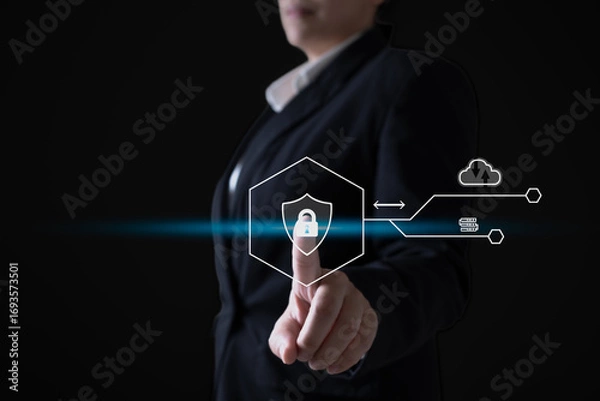 Fototapeta Secure Network Access and Cybersecurity Authentication concept. Businesswoman touching virtual shield icon, symbolizing secure access, data encryption, network protection.