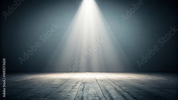 Fototapeta Dramatic Spotlight Illuminating a Dark Stage Floor with Visible Light Rays Keywords: spotlight, stage, light, dark, dramatic, Halloween