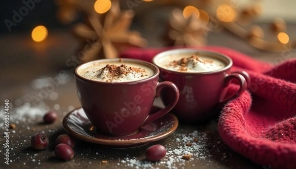 Fototapeta Cozy scene of two mugs of hot chocolate nestled together on a warm, inviting surface Perfect for romance, winter, comfort, and togetherness themes , knit, warmth