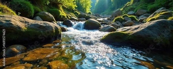 Fototapeta Crystal clear water flows smoothly over mossy rocks in a pristine mountain stream Sunlight dapples the surface, creating a serene and idyllic scene of untouched nature , idyllic, stream, cascade