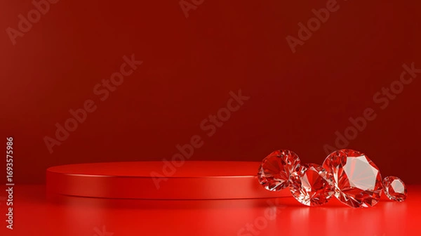 Fototapeta Red podium with diamonds on a red velvet background. Background illustration for product presentations, mockup designs, and banners.