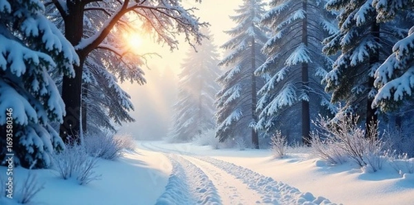 Obraz Serene winter landscape, soft snowfall blanketing a tranquil forest scene  Perfect for holiday or nature themes  Gentle, peaceful atmosphere ,  winter wonderland,  nature,  light