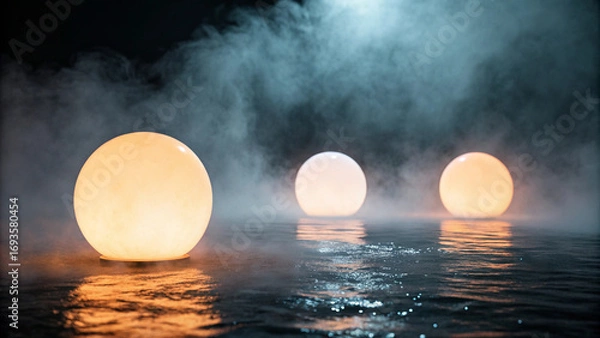 Fototapeta Three Glowing Spheres on Water with Fog and Reflections balls lights Halloween
