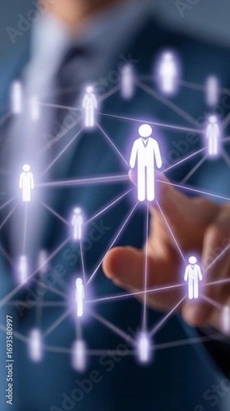 Fototapeta Businessman strategizing with network connections, visualizing global business and technology integration.