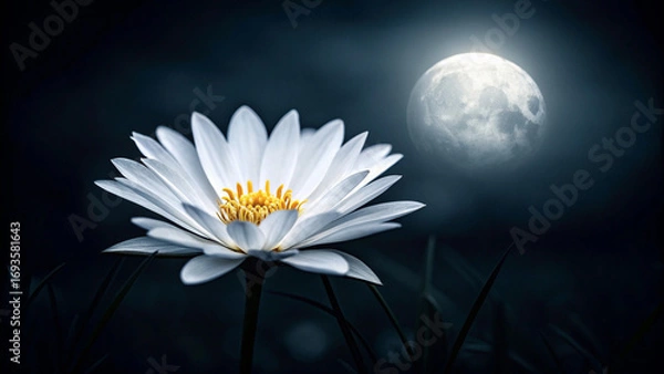 Fototapeta White Lotus Flower Blooming at Night with a Full Moon in the Background Keywords: lotus, flower, white, bloom, night, moon, full Halloween