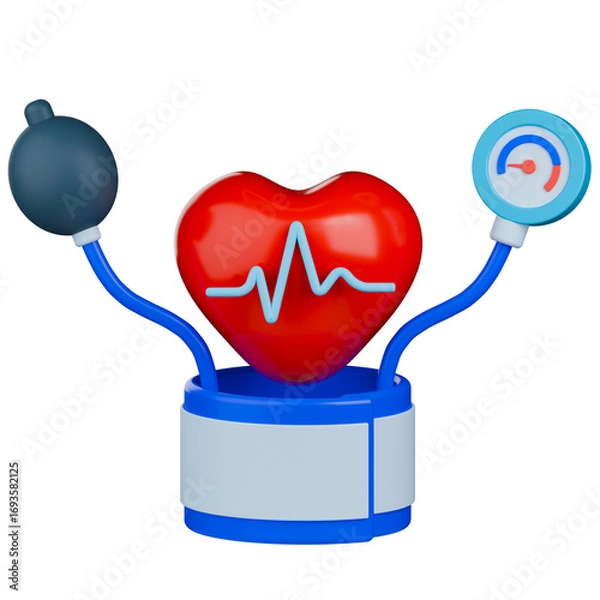 Fototapeta Blood pressure monitoring 3d illustration. Aneroid Sphygmomanometer with red heart and pulse line.