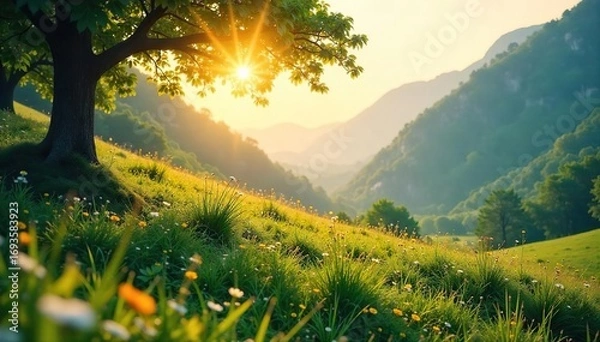 Obraz Serene landscape bathed in sunlight, perfect for meditation and relaxation Find inner peace amidst nature's tranquility Ideal for wellness, mindfulness, and spiritual themes , trees, river