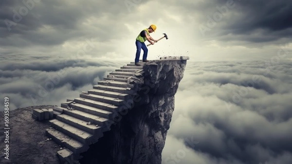 Obraz Worker hammering on precarious clifftop steps