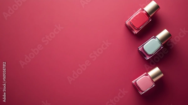 Fototapeta Nail polish bottle on a pink background with empty space. Mockup background illustration for product presentation design.