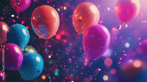 Fototapeta Colorful balloons and confetti floating in celebratory atmosphere.