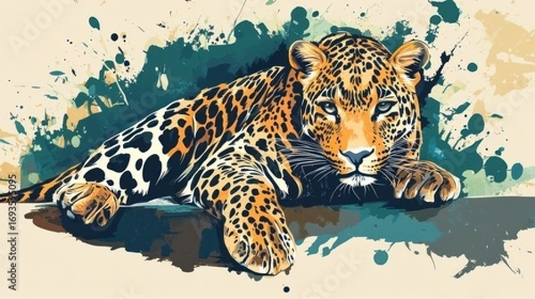 Fototapeta Majestic leopard resting on a branch, set against an abstract splash-paint background.
