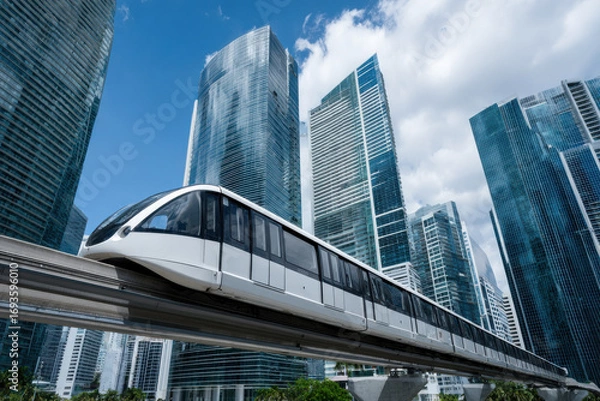 Fototapeta A futuristic monorail passing skyscrapers