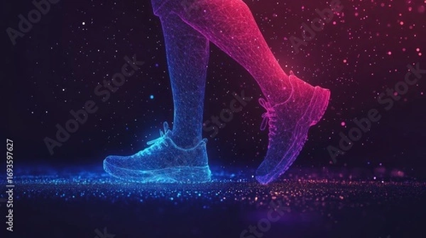 Fototapeta Abstract polygonal legs and sneakers walking on glowing particles.