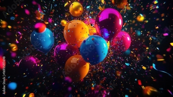 Fototapeta Colorful balloons and confetti burst against a dark background.