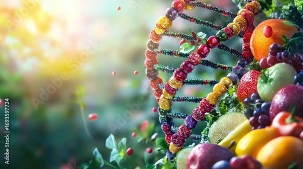 Fototapeta DNA helix formed by colorful fruits and berries against a vibrant green background.